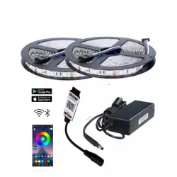 10 Metre 12V 60 Ledli RGB Dış Mekan Şerit Led 5A Plastik Adaptör Bluetoothlu Telefondan Led Kontrol Üniteli Set