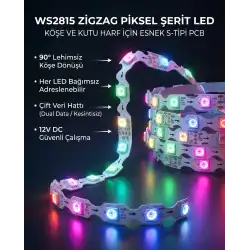 12 Volt 10 mm 60 Ledli Zigzag ws2815 Argb Pixel Adreslenebilir İç Mekan 5 Metre Şerit Led