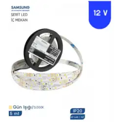 12 Volt 2835 Samsung 60 Led 3000 K Günışığı İç Mekan 5 Metre Şerit Led