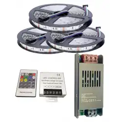 15 Metre 12V 60 Ledli RGB İç Mekan Şerit Led 16,5A Slim Trafo 36 A RF Led Kontrol Üniteli Set