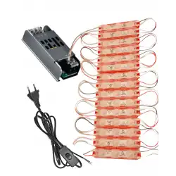 20 Adet 12 Volt 1.5 Watt 3 Lensli Kırmızı 2835 SMD Led Modül IP65 Modül 5A Trafo ve Arapurlu Güç Kablolu Set