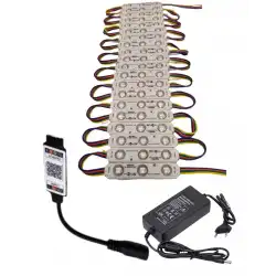 20 Adet 12 Volt Samsung 0.72 Watt 3 Lensli Rgb Led Modül Bluetooth Kumanda 5A Plastik Adaptör Set