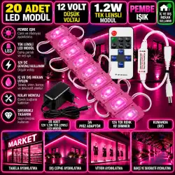 20 Adet 12V 1.2W Dar Açılı Tek Lensli Pembe Led Modül 3A Priz Adaptör 12A Tek Renk RF Dimmer Set