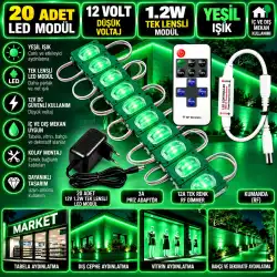 20 Adet 12V 1.2W Dar Açılı Tek Lensli Yeşil Led Modül 3A Priz Adaptör 12A Tek Renk RF Dimmer Set
