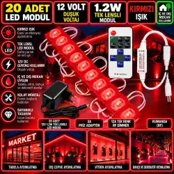 20 Adet 12V 1.2W Dar Açılı Tek Lensli Kırmızı Led Modül 3A Priz Adaptör 12A Tek Renk RF Dimmer Set
