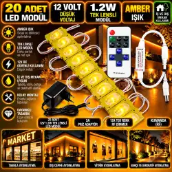 20 Adet 12V 1.2W Dar Açılı Tek Lensli Amber Led Modül 3A Priz Adaptör 12A Tek Renk RF Dimmer Set