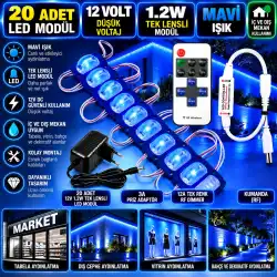 20 Adet 12V 1.2W Dar Açılı Tek Lensli Mavi Led Modül 3A Priz Adaptör 12A Tek Renk RF Dimmer Set