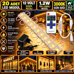 20 Adet 12V 1.2W Dar Açılı Tek Lensli 3000K Günışığı Led Modül 3A Priz Adaptör 12A Tek Renk RF Dimmer Set