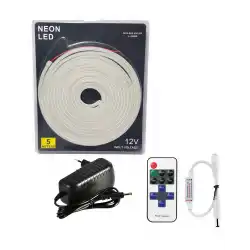 5 Metre 12 Volt 6x12 mm Esnek Neon 4000K Naturel Beyaz Led 12A Tek Renk Kumandalı RF Dimmer 3A Plastik Adaptör Set