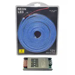 5 Metre 12 Volt 6x12 mm Esnek  Mavi Neon Led 5A Slim Trafo Set