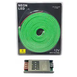 5 Metre 12 Volt 6x12 mm Esnek Yeşil Neon Led 5A Slim Trafo Set