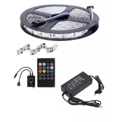 5 Metre 12V 120 Ledli RGB İç Mekan Şerit Led 5A Plastik Adaptör Sese ve Müziğe Duyarlı Led Kontrol Üniteli Set