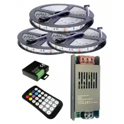 15 Metre 12V 60 Ledli RGB İç Mekan Şerit Led 16,5A Slim Trafo 24 A RF Led Kontrol Üniteli Set
