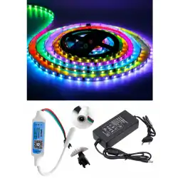 5 Metre 12V İç Mekan 60 Pixel Ledli Bluetooth Cep Telefonundan Kumandalı 5A Plastik Adaptörlü Set
