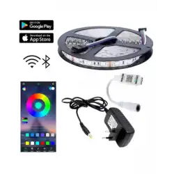 5 Metre 12V 60 Ledli Dış Mekan RGB Şerit 4A Plastik Adaptörlü Bluetoothlu Telefondan Led Kontrol Üniteli Set