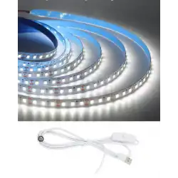 5 Metre 5 Volt 2835 SMD 6500 K Beyaz İç Mekan 60 Ledli Şerit USB li Anahtarlı Beyaz Güç Kablosu Set