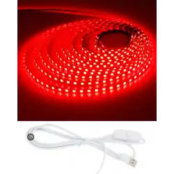 5 Metre 5 Volt 2835 SMD Kırmızı İç Mekan 60 Ledli Şerit USB li Anahtarlı Beyaz Güç Kablosu Set