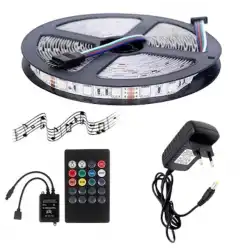 5 Metre 5V 60 Ledli RGB İç Mekan Şerit Led 2A Plastik Adaptör Sese ve Müziğe Duyarlı Led Kontrol Üniteli Set