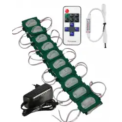 20 Adet 12 Volt 1.2 Watt Dar Açılı Tek Lensli Yeşil Led Modül 12A Tek Renk RF Dimmer 2A Priz Tipi Adaptör Set