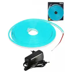5 Metre 12 Volt 6x12 mm Esnek Turkuaz Neon Led  3A Plastik Adaptör Set