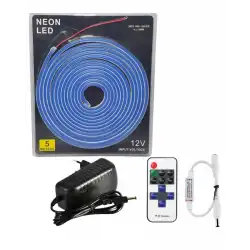 5 Metre 12 Volt 6x12 mm Esnek Mavi Neon Led 12A Tek Renk Kumandalı RF Dimmer 3A Plastik Adaptör Set