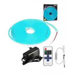 5 Metre 12 Volt 6x12 mm Esnek Turkuaz Neon Led 12A Tek Renk Kumandalı RF Dimmer 3A Plastik Adaptör Set