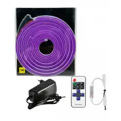 5 Metre 12 Volt 6x12 mm Esnek Mor Neon Led 12A Tek Renk Kumandalı RF Dimmer 3A Plastik Adaptör Set