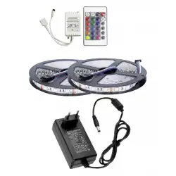 10 Metre 12V 60 Ledli RGB İç Mekan Şerit Led 5A Priz Tipi Plastik Adaptör 24 Tuşlu IR Led Kontrol Üniteli Set