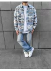 Babyblue/Gray Desenli Kaşe Kumaş Oversize Oduncu Gömleği (Premium Kalite)