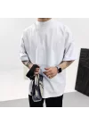 Ekstra Oversize Boğazlı Beyaz Basic Tshirt
