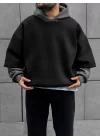 Siyah/Gri Çift Katlı Basic Extra Oversize Hoodie