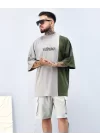 Waybstreetwear Gray/Haki Parçalı Extra Oversize Boğazlı Tshirt