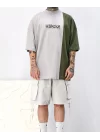 Waybstreetwear Gray/Haki Parçalı Extra Oversize Boğazlı Tshirt