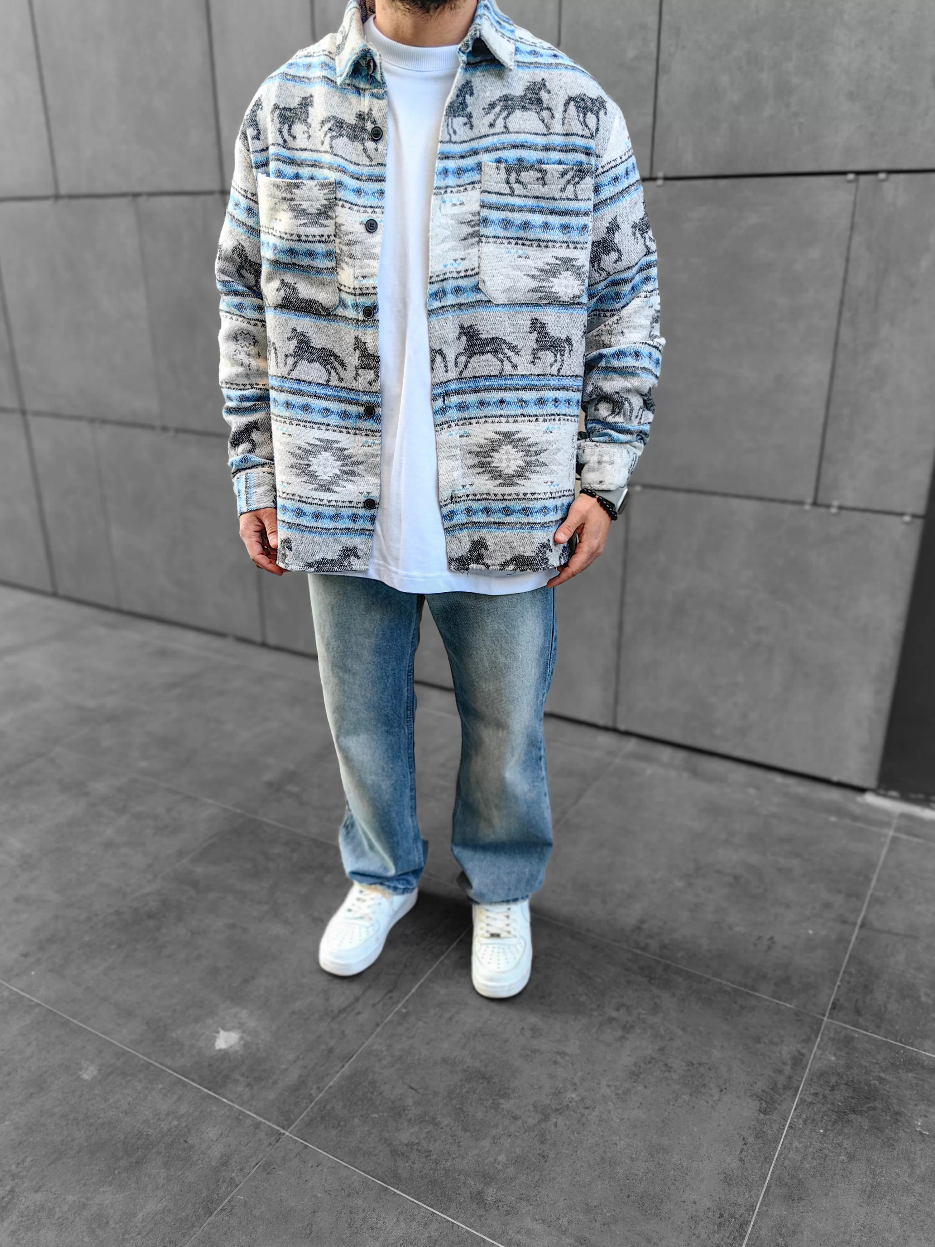 Babyblue/Gray Desenli Kaşe Kumaş Oversize Oduncu Gömleği (Premium Kalite)