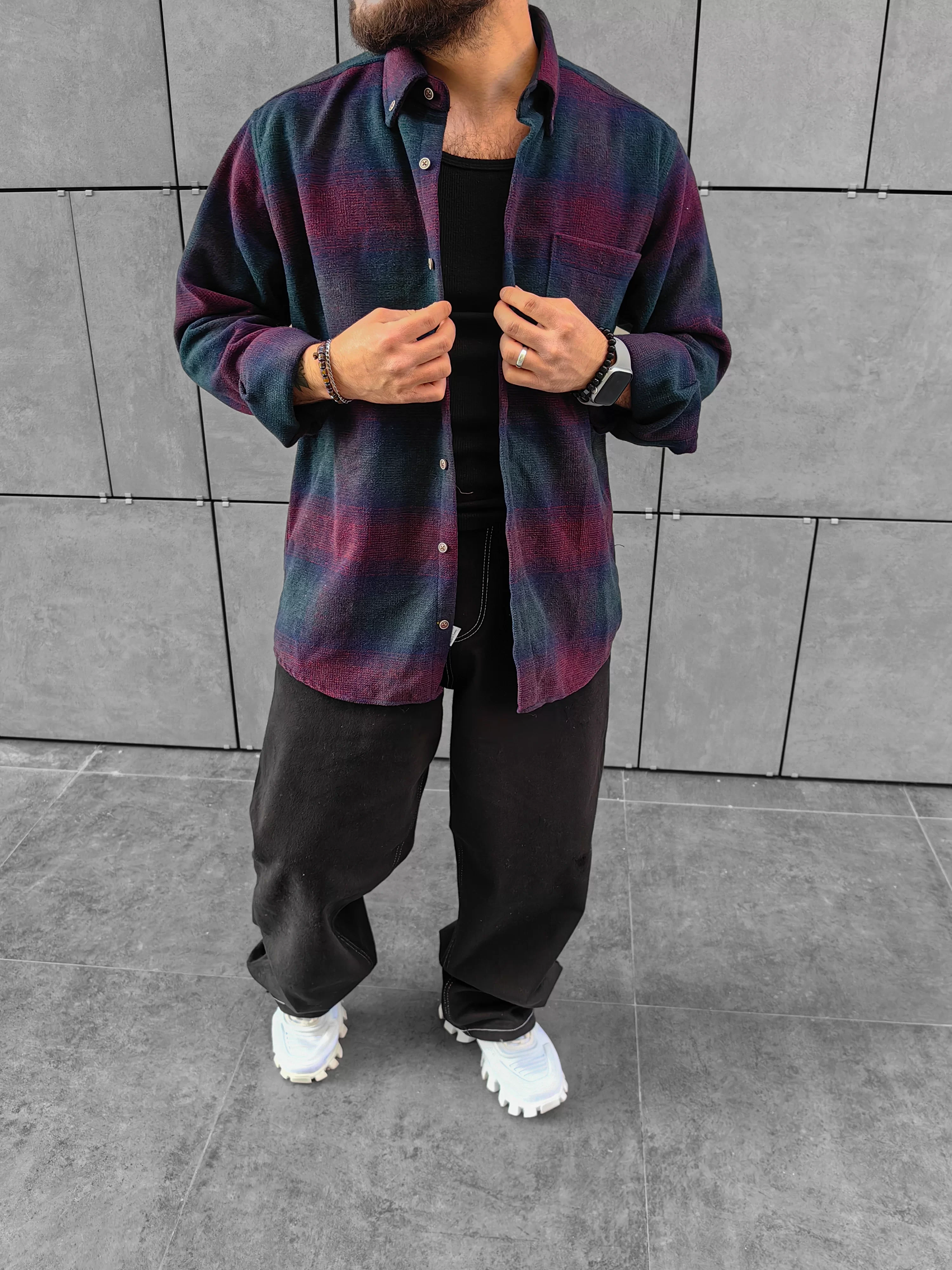 Bordo/Koyu Yeşil Oversize Oduncu Gömleği