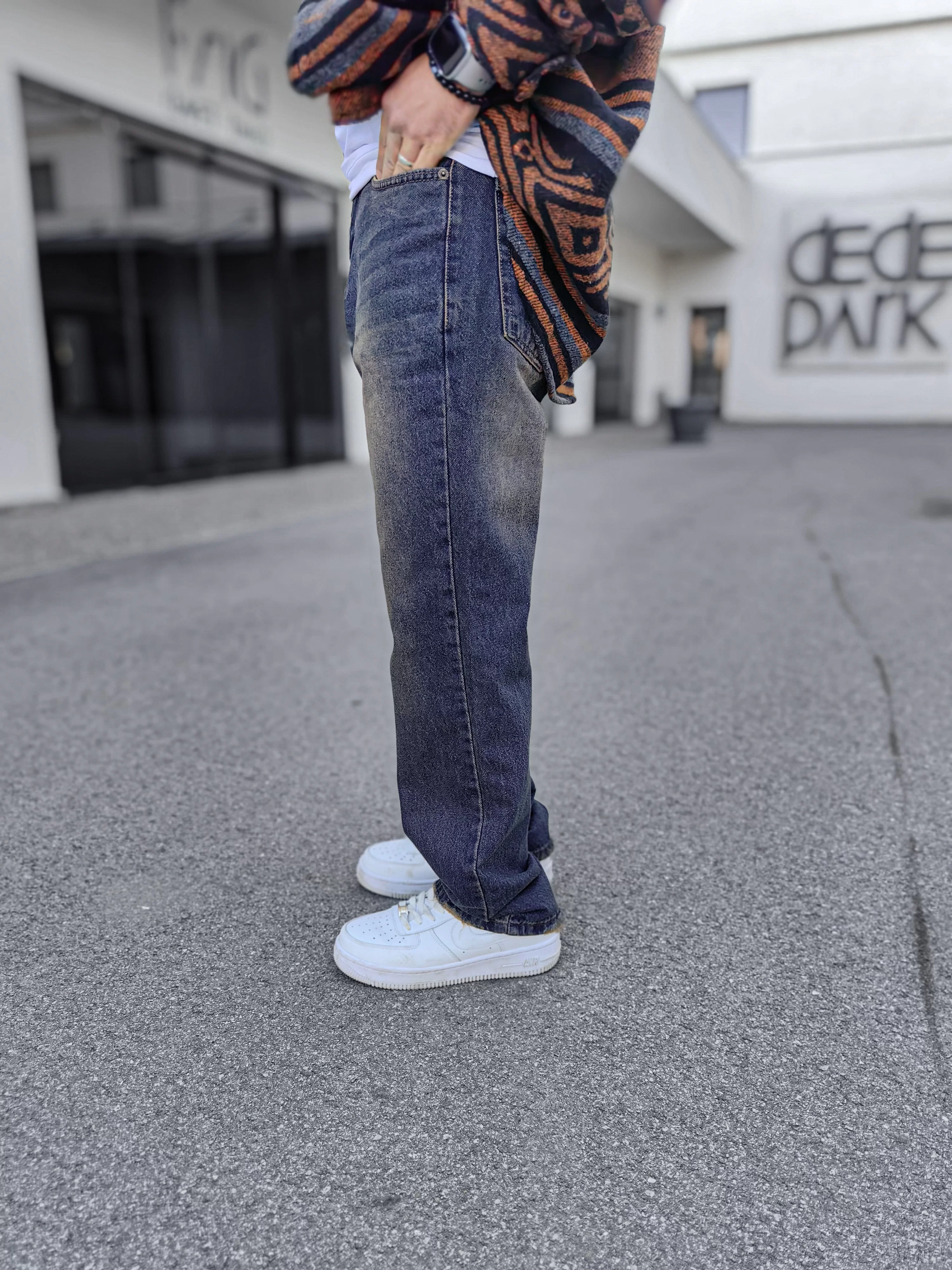 Relax Fit Baggy Eskitme Lacivert Jean