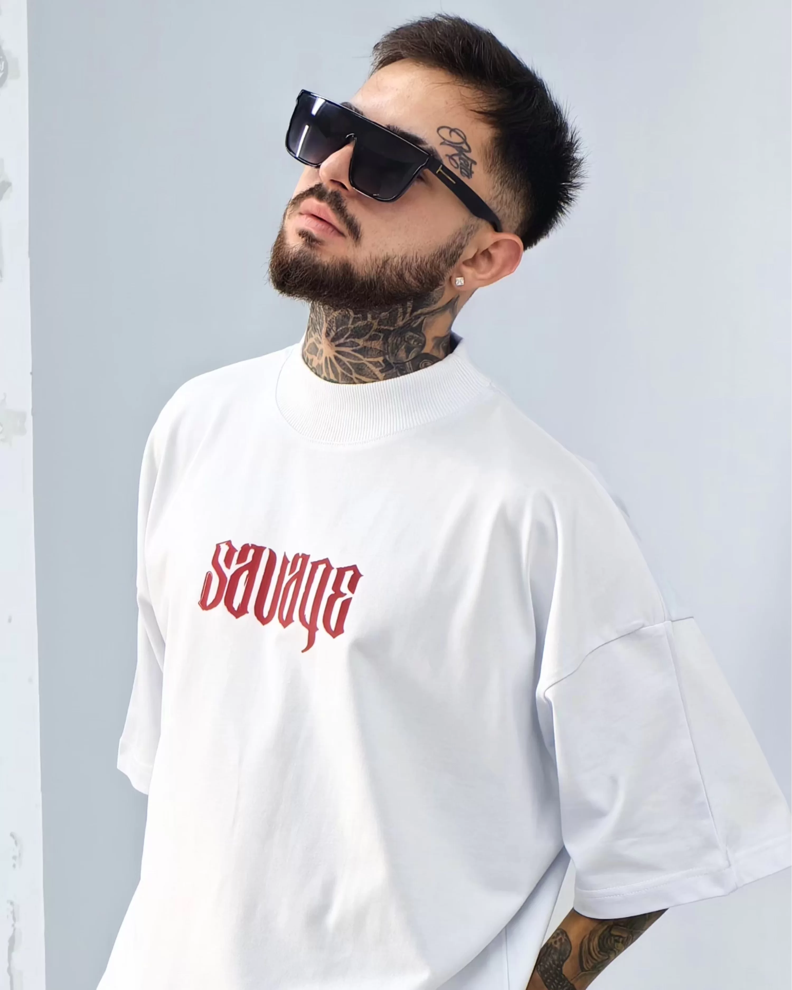 Savage Beyaz Boğazlı Extra Oversize Tshirt