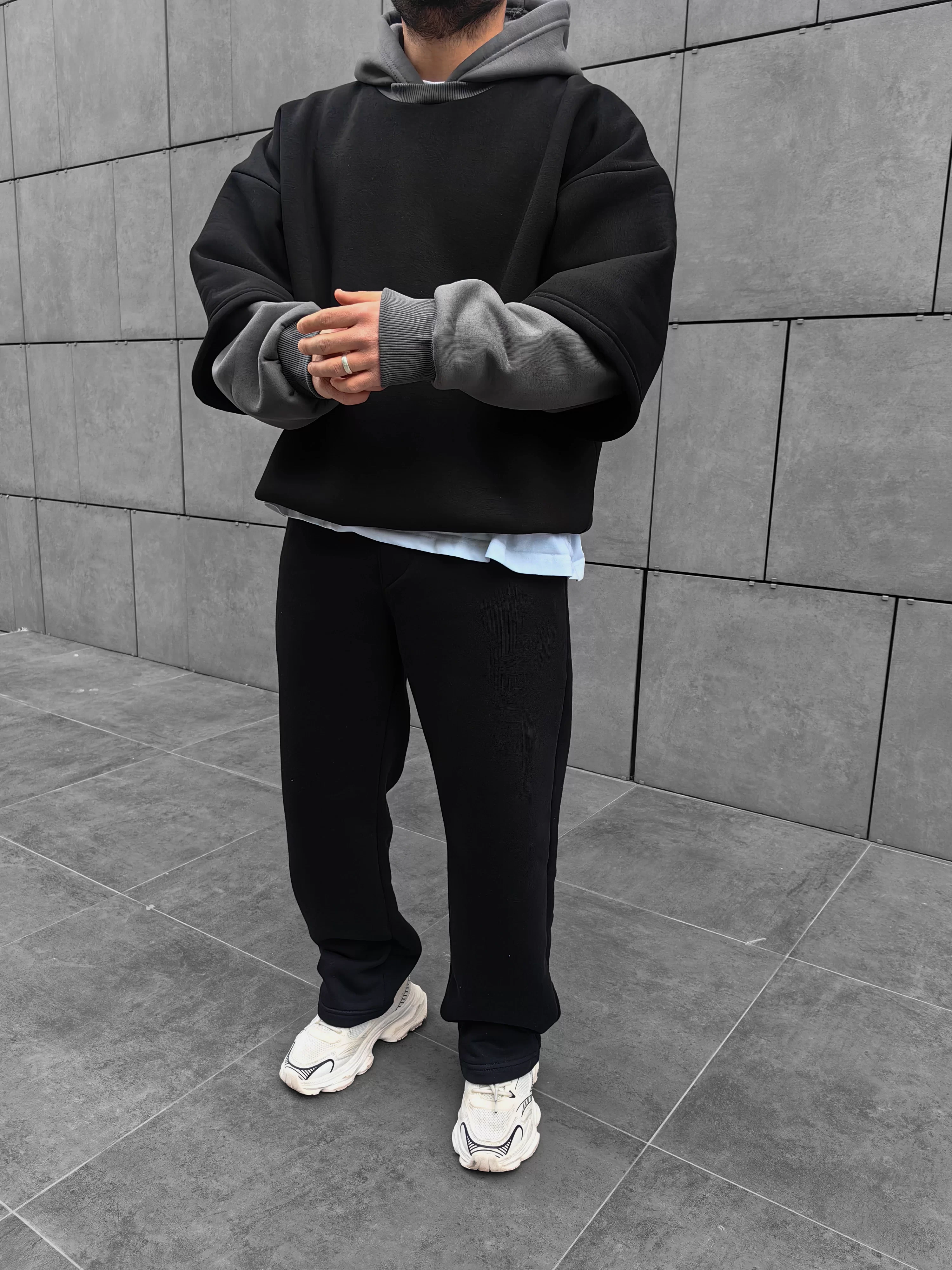 Siyah/Gri Çift Katlı Basic Extra Oversize Hoodie