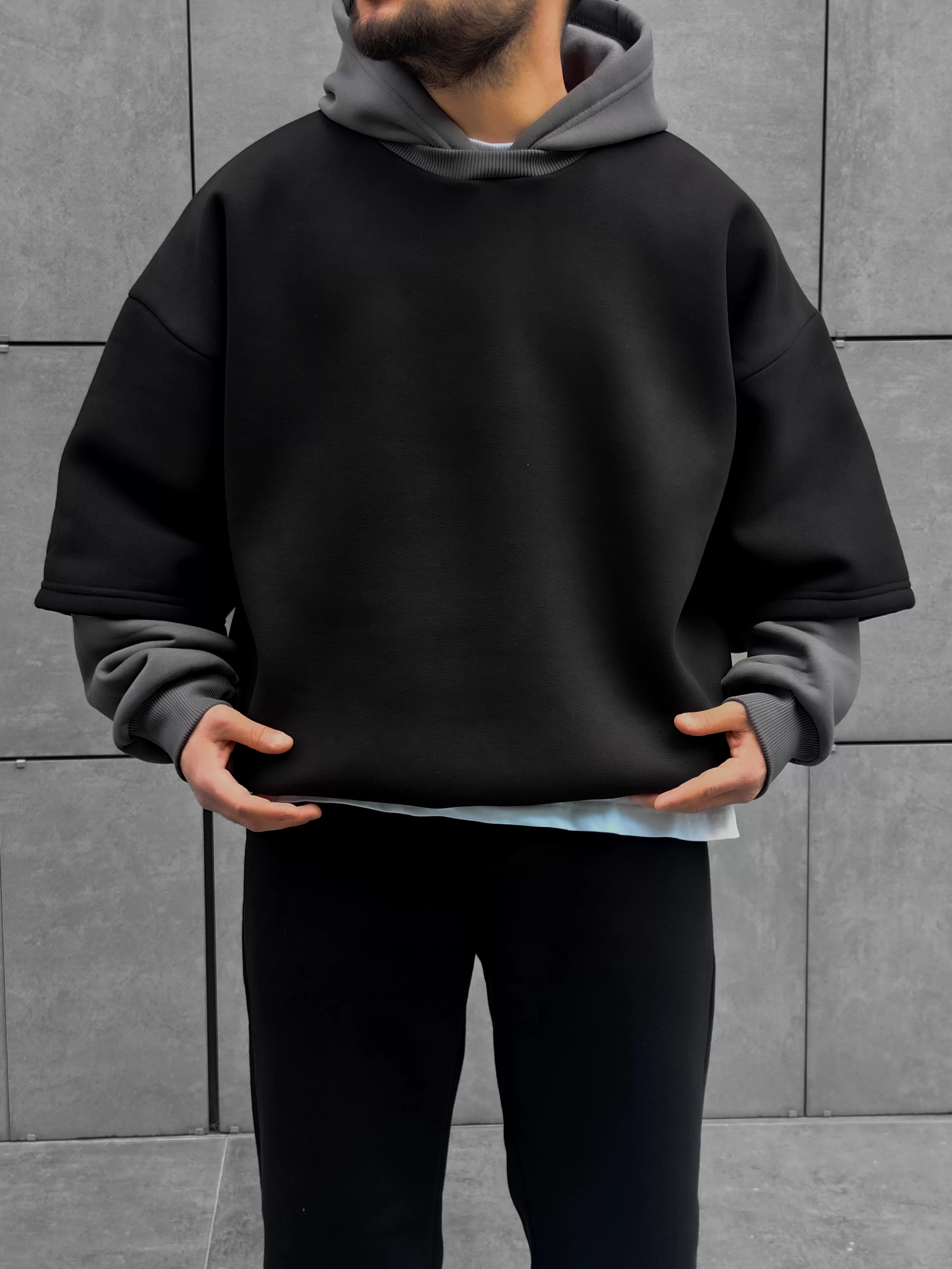 Siyah/Gri Çift Katlı Basic Extra Oversize Hoodie