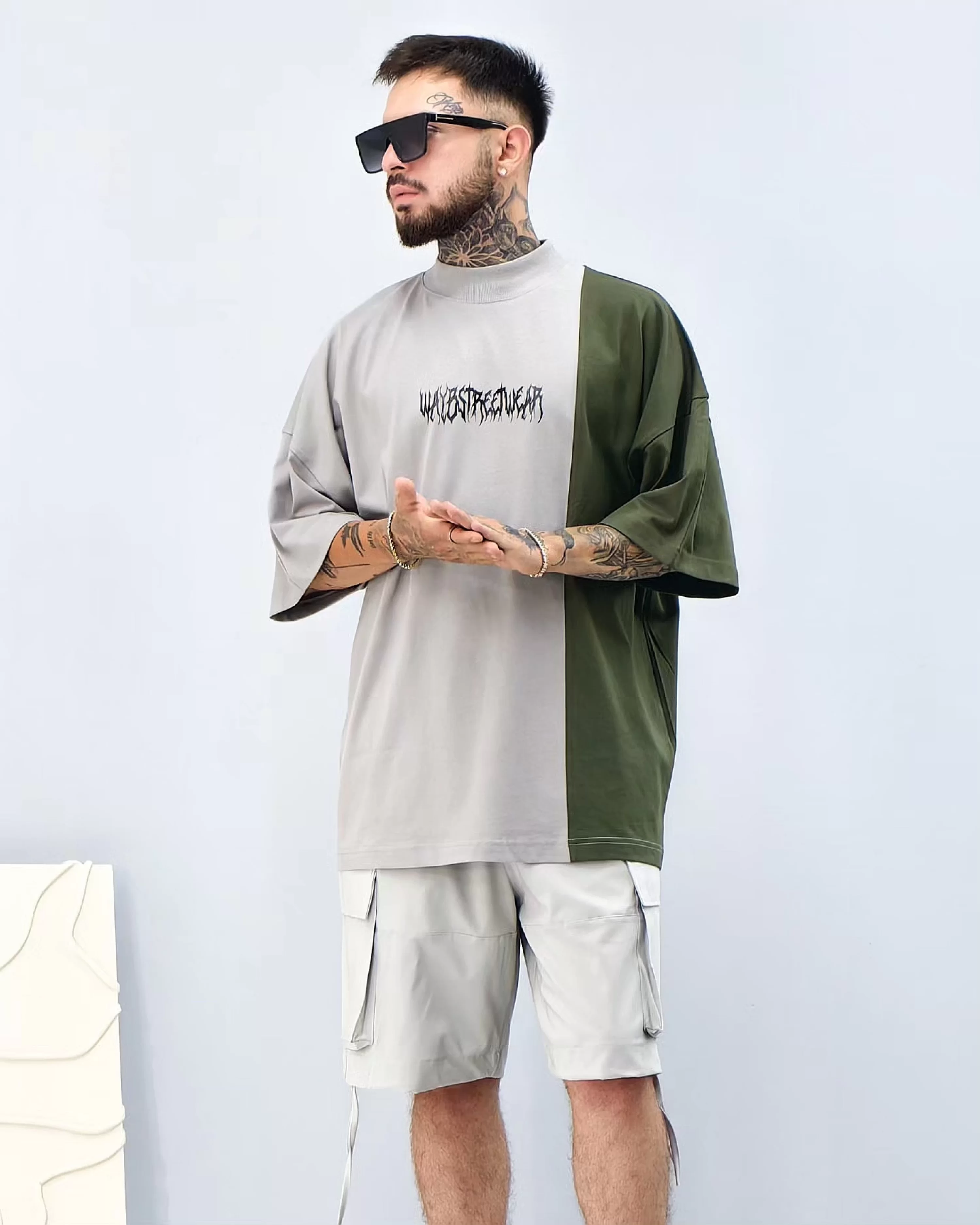 Waybstreetwear Gray/Haki Parçalı Extra Oversize Boğazlı Tshirt