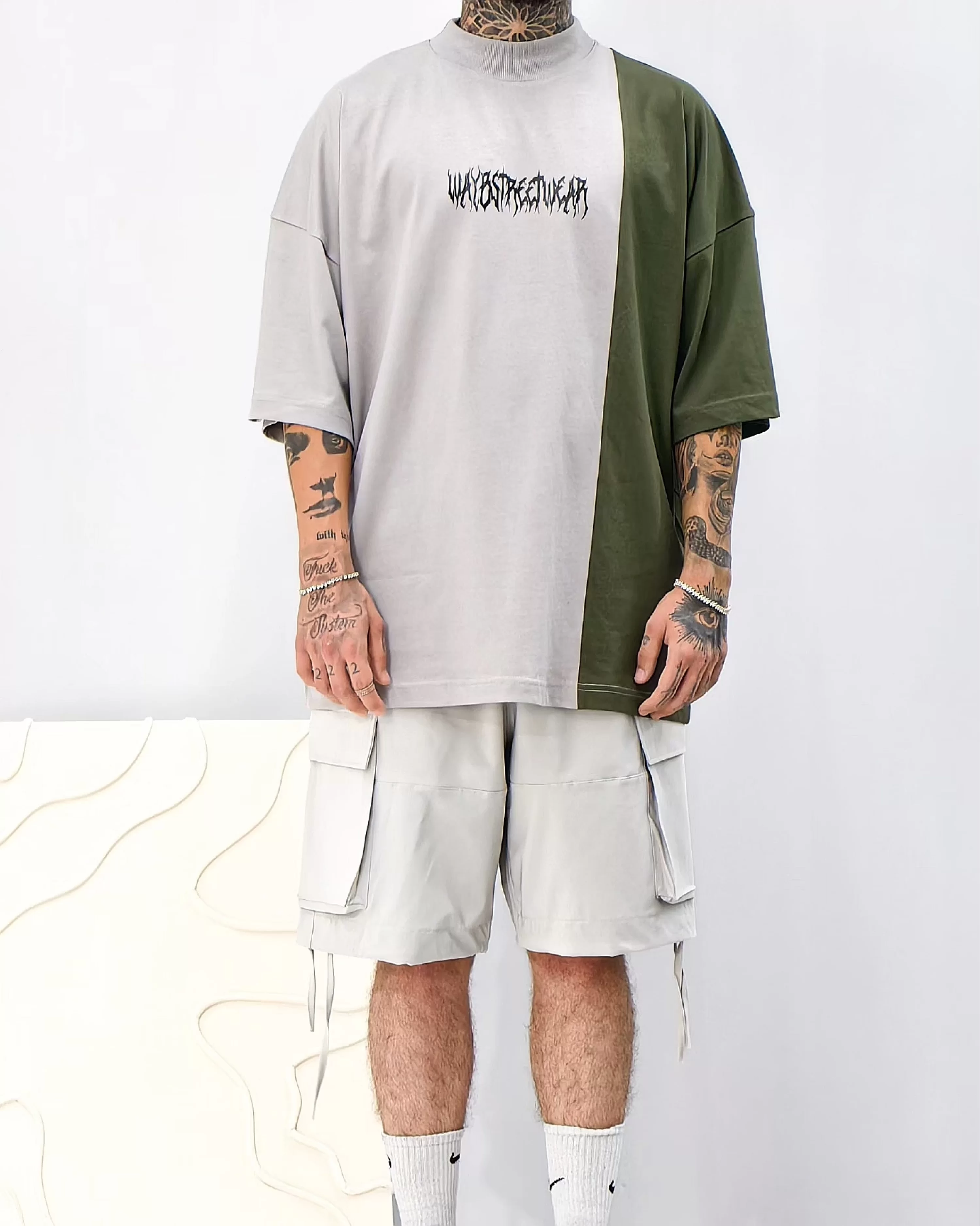 Waybstreetwear Gray/Haki Parçalı Extra Oversize Boğazlı Tshirt