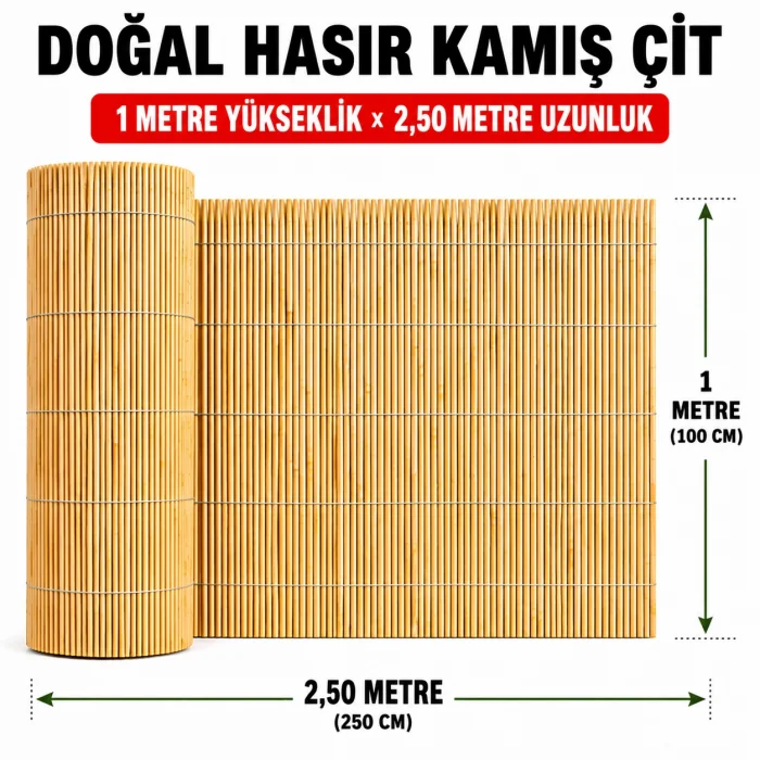 Doğal Hasır Kamış Çit - 1 Metre Yükseklik x 2,50 Metre Uzunluk (Bahçe ve Balkon Gölgelik)