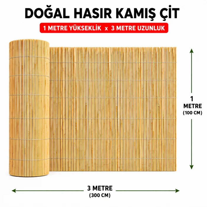 Doğal Hasır Kamış Çit - 1 Metre Yükseklik x 3 Metre Uzunluk (Bahçe ve Balkon Gölgelik)