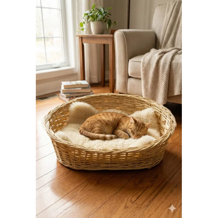 Doğal Hasır Kedi ve Köpek Yatağı 55x30 cm - El Örmesi Evcil Hayvan Yuvası