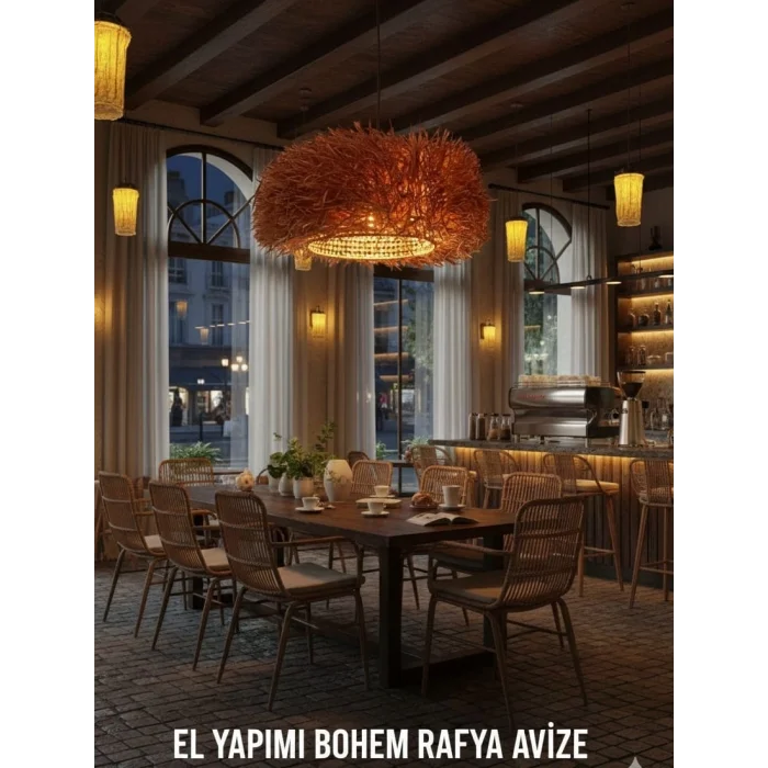 Doğal Rafya Kirpi Avize - El Yapımı Bohem Aydınlatma