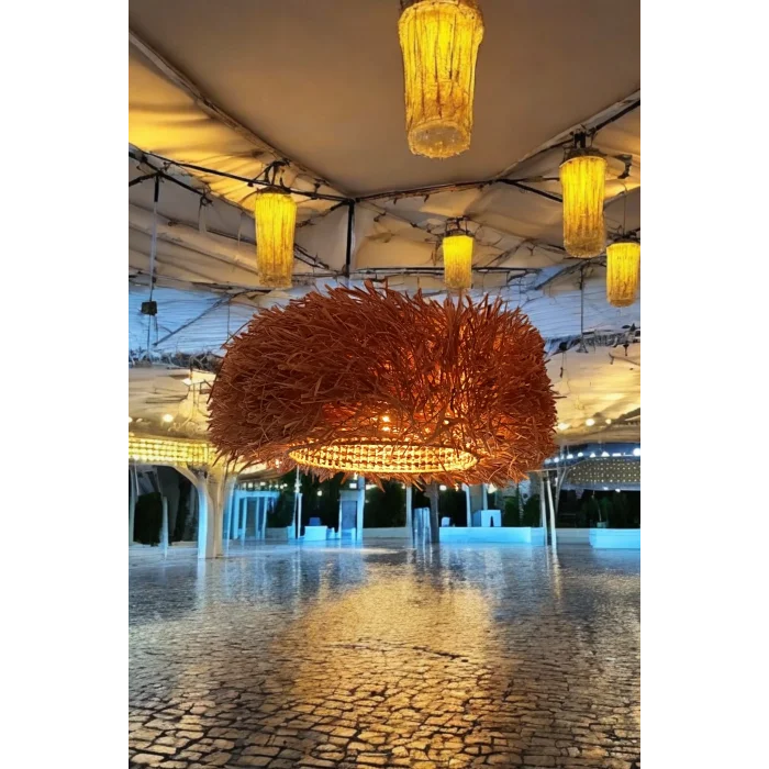 Doğal Rafya Kirpi Avize – El Yapımı Bohem Aydınlatma | Doğal Şıklık