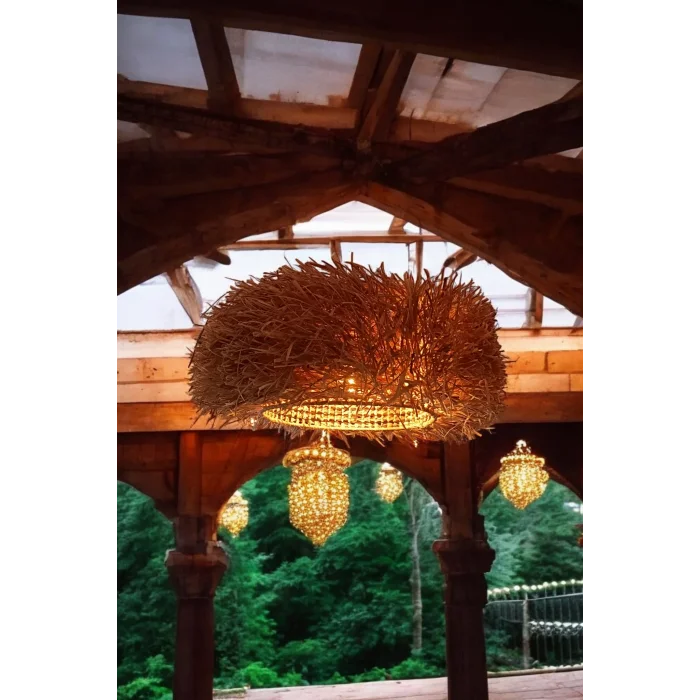 Doğal Rafya Kirpi Avize – El Yapımı Bohem Aydınlatma | Doğal Şıklık