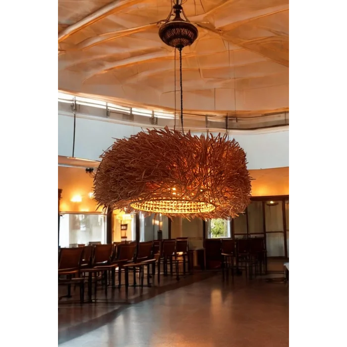 Doğal Rafya Kirpi Avize – El Yapımı Bohem Aydınlatma | Doğal Şıklık