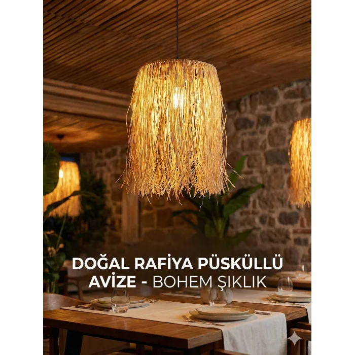 Doğal Rafya Saçaklı Bohem Hasır Avize - 28 cm
