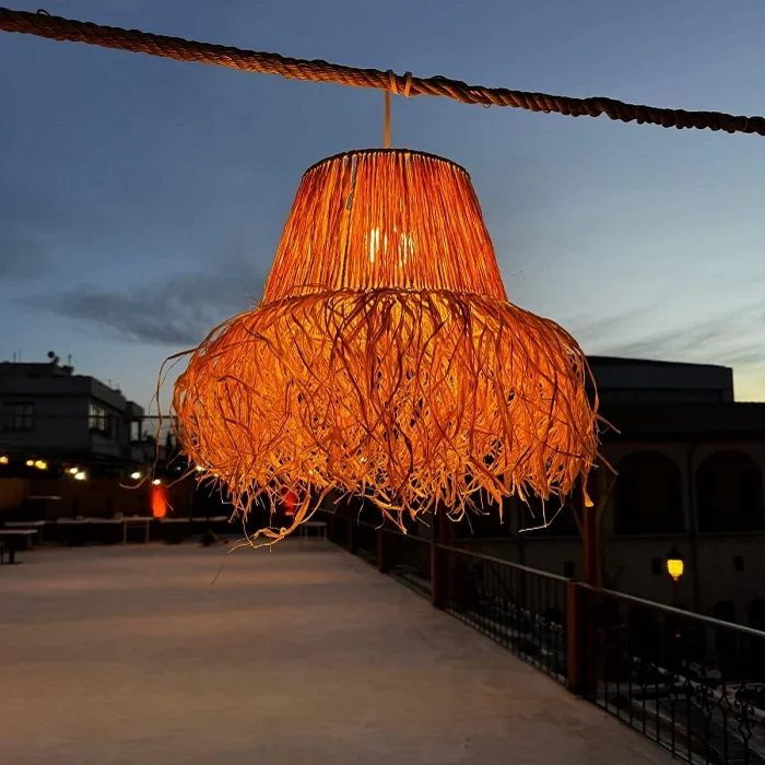 Hasır Doğal Saçaklı 30 Cm Çap Dekoratif Rafya Avize